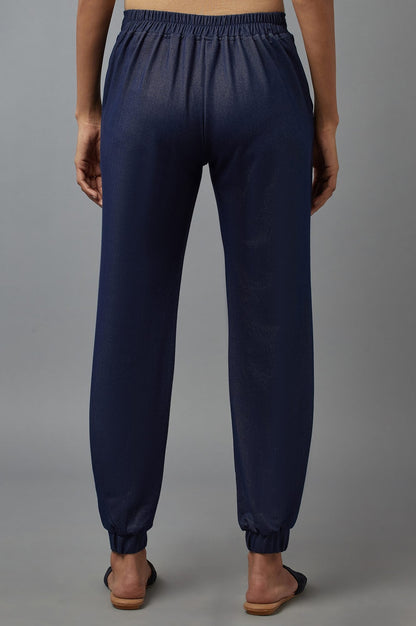 Navy Blue Solid Tapered Cotton Pants With Pleated Detail
