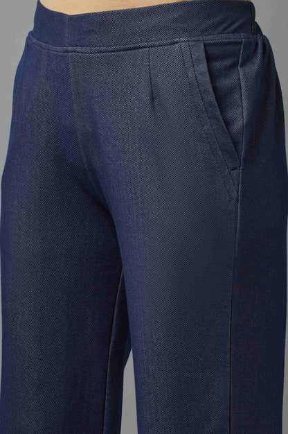 Navy Blue Solid Tapered Cotton Pants With Pleated Detail