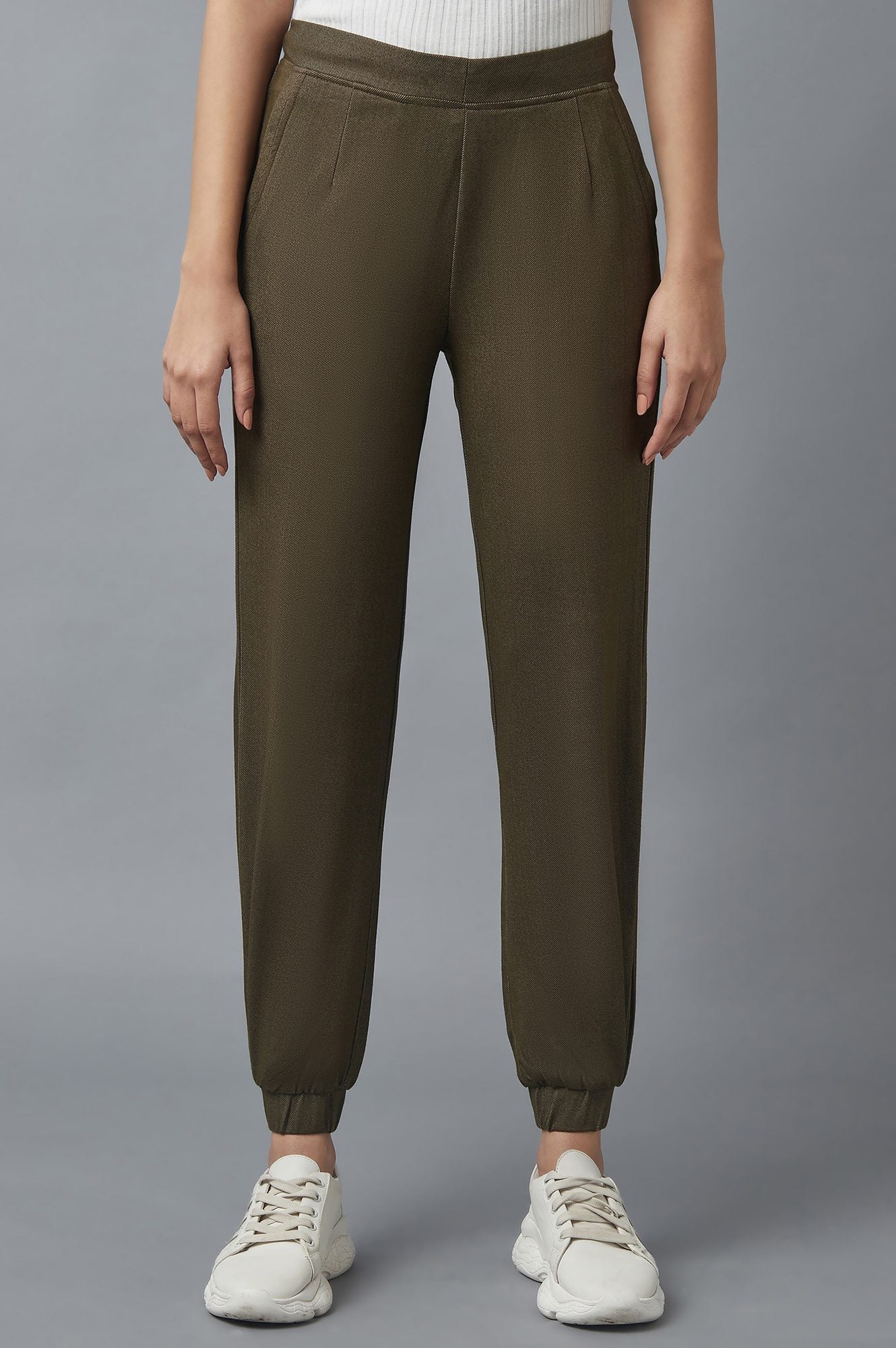 Olive Solid Tapered Cotton Pants with Pleated Detail