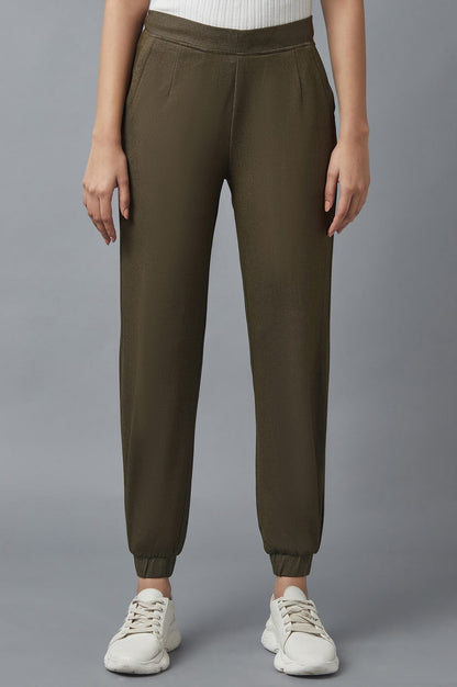 Olive Solid Tapered Cotton Pants with Pleated Detail