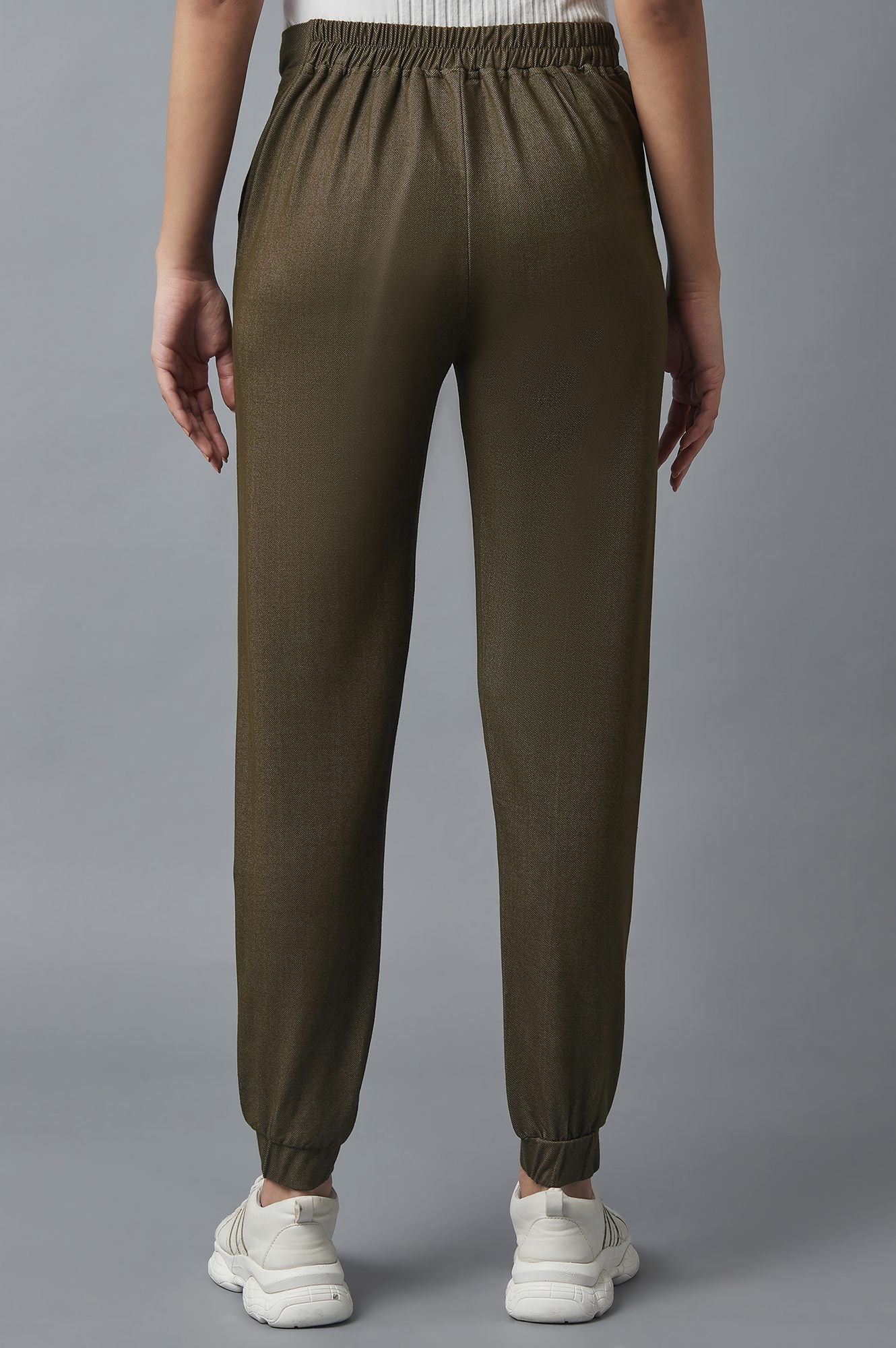 Olive Solid Tapered Cotton Pants with Pleated Detail