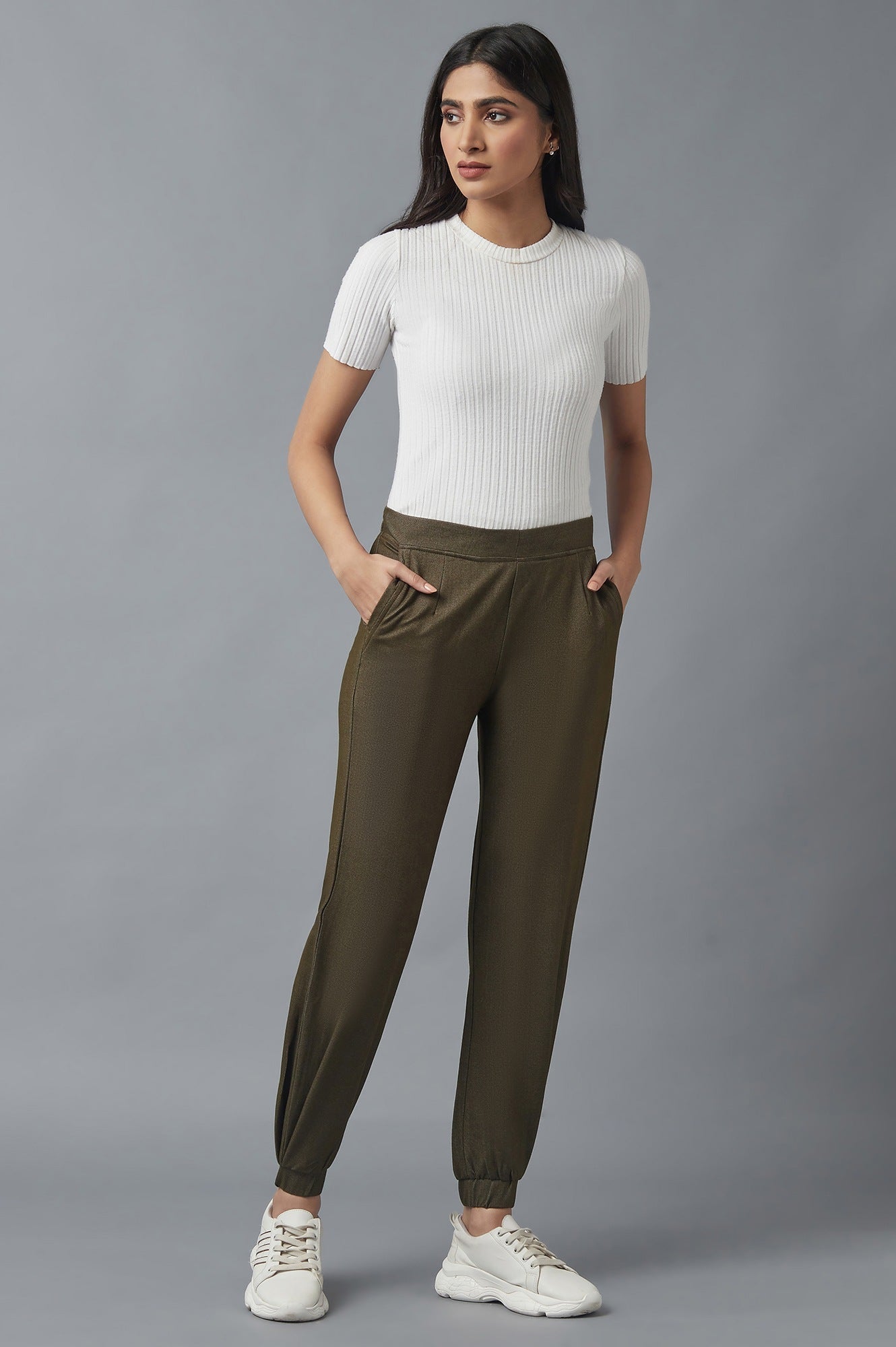 Olive Solid Tapered Cotton Pants with Pleated Detail
