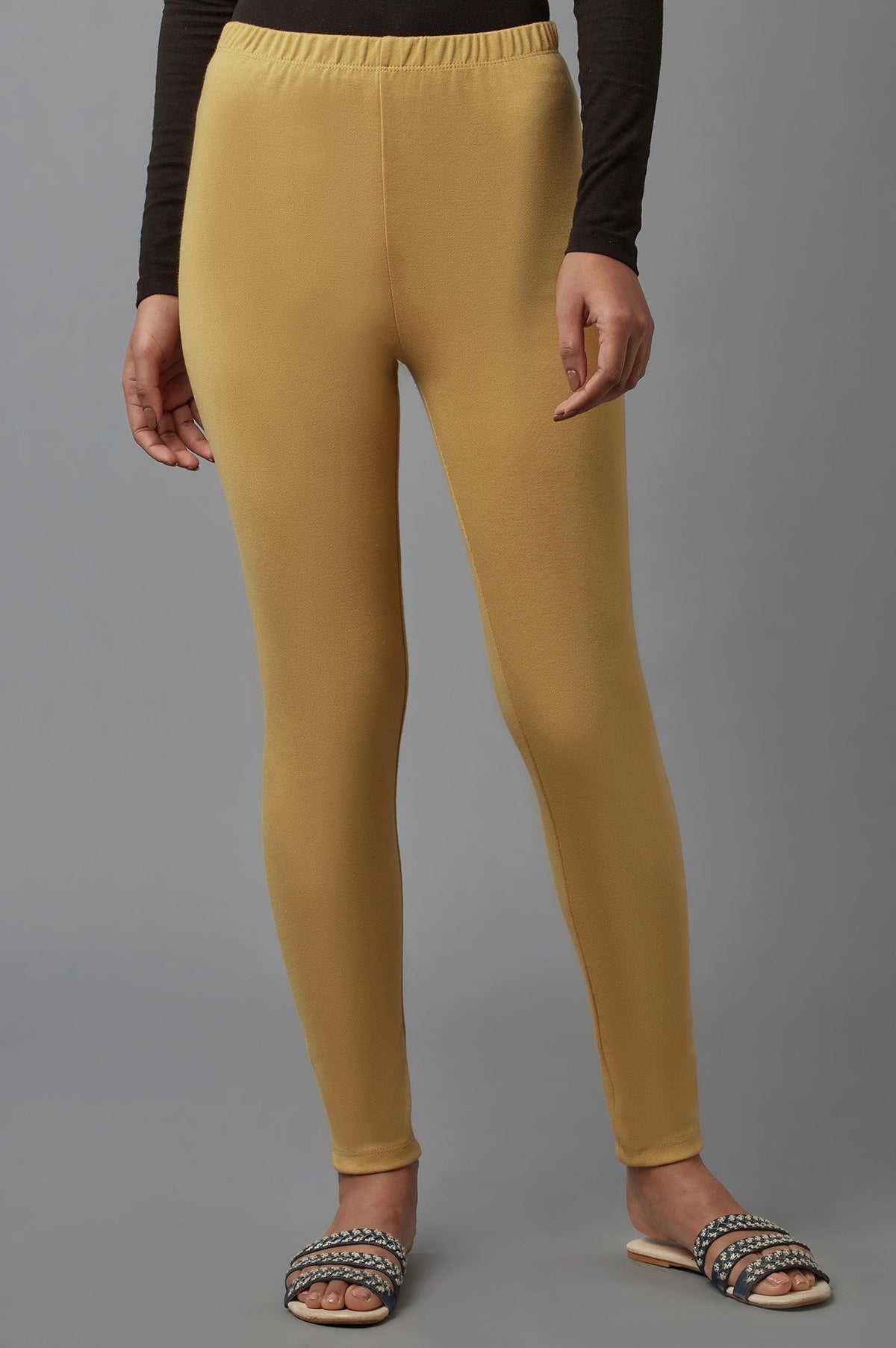 Elleven Women's Gold Solid Skinny Fit Tights With Elasticated Waist - S
