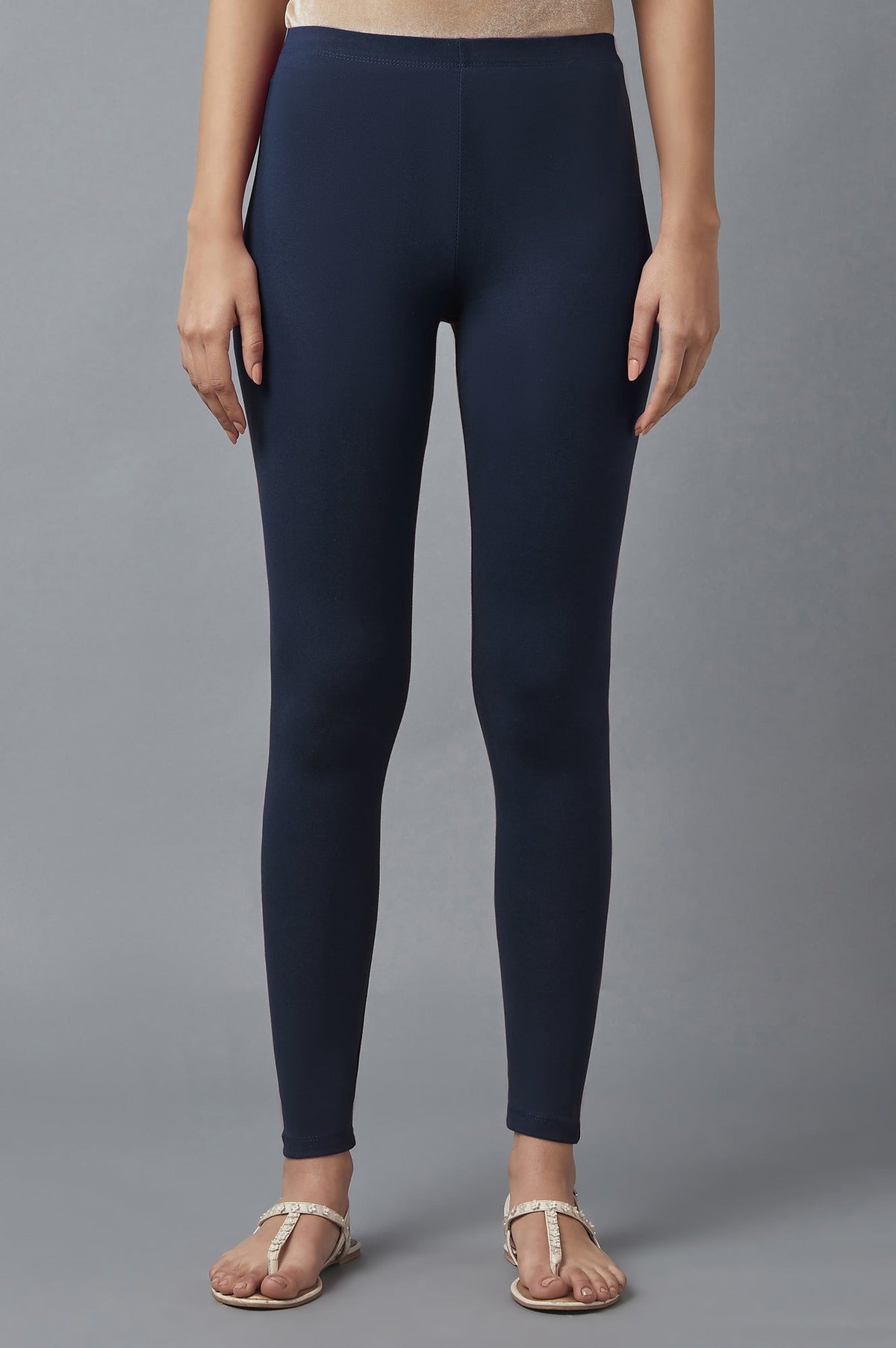 Elleven Women's Navy Blue Solid Skinny Fit Cotton Tights With Elasticated Waist - S