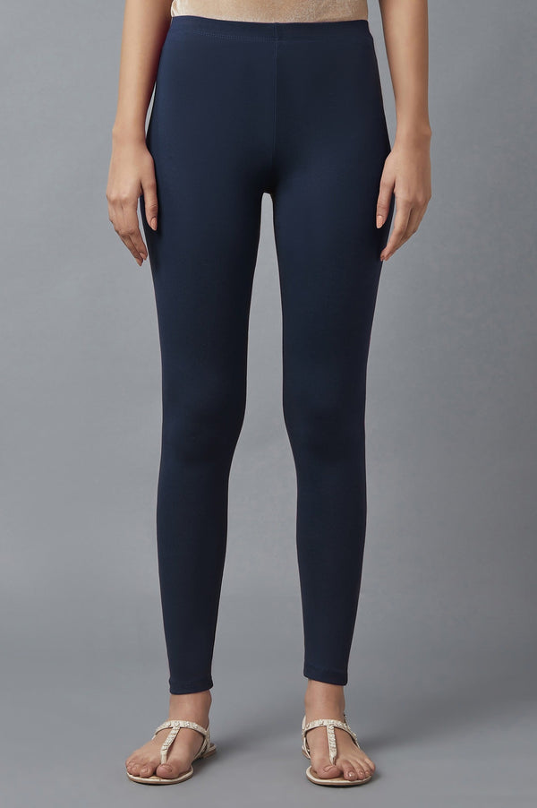 Navy Blue Solid Skinny Fit Tights With Elasticated Waist