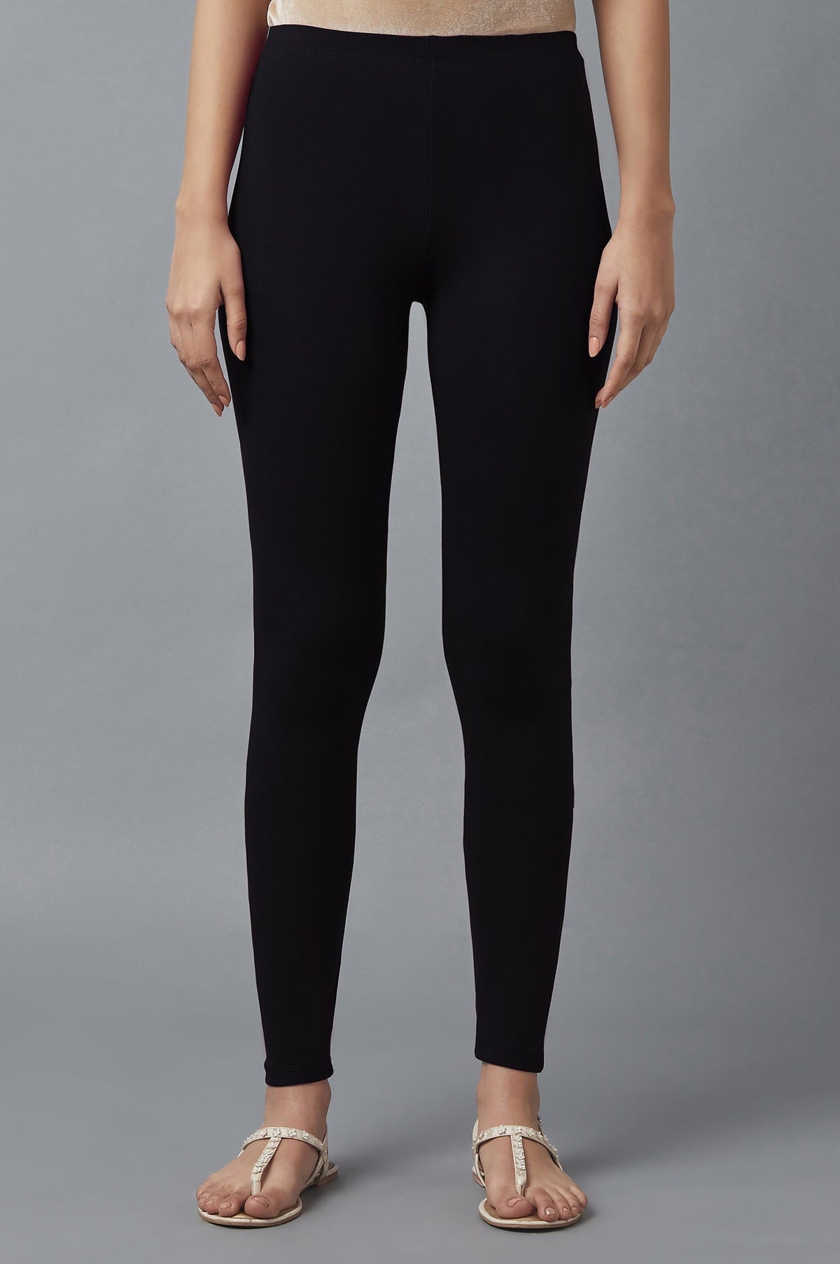 Elleven Women's Black Solid Skinny Fit Tights With Elasticated Waist - S