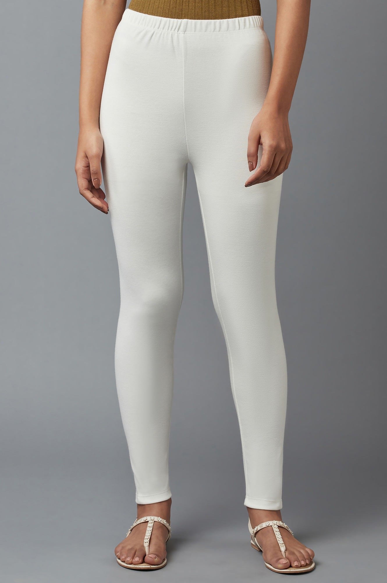 Off White Solid Skinny-fit Cotton Tights with Elasticated Waist