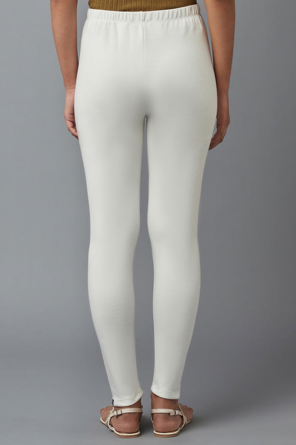 Off White Solid Skinny-fit Cotton Tights with Elasticated Waist