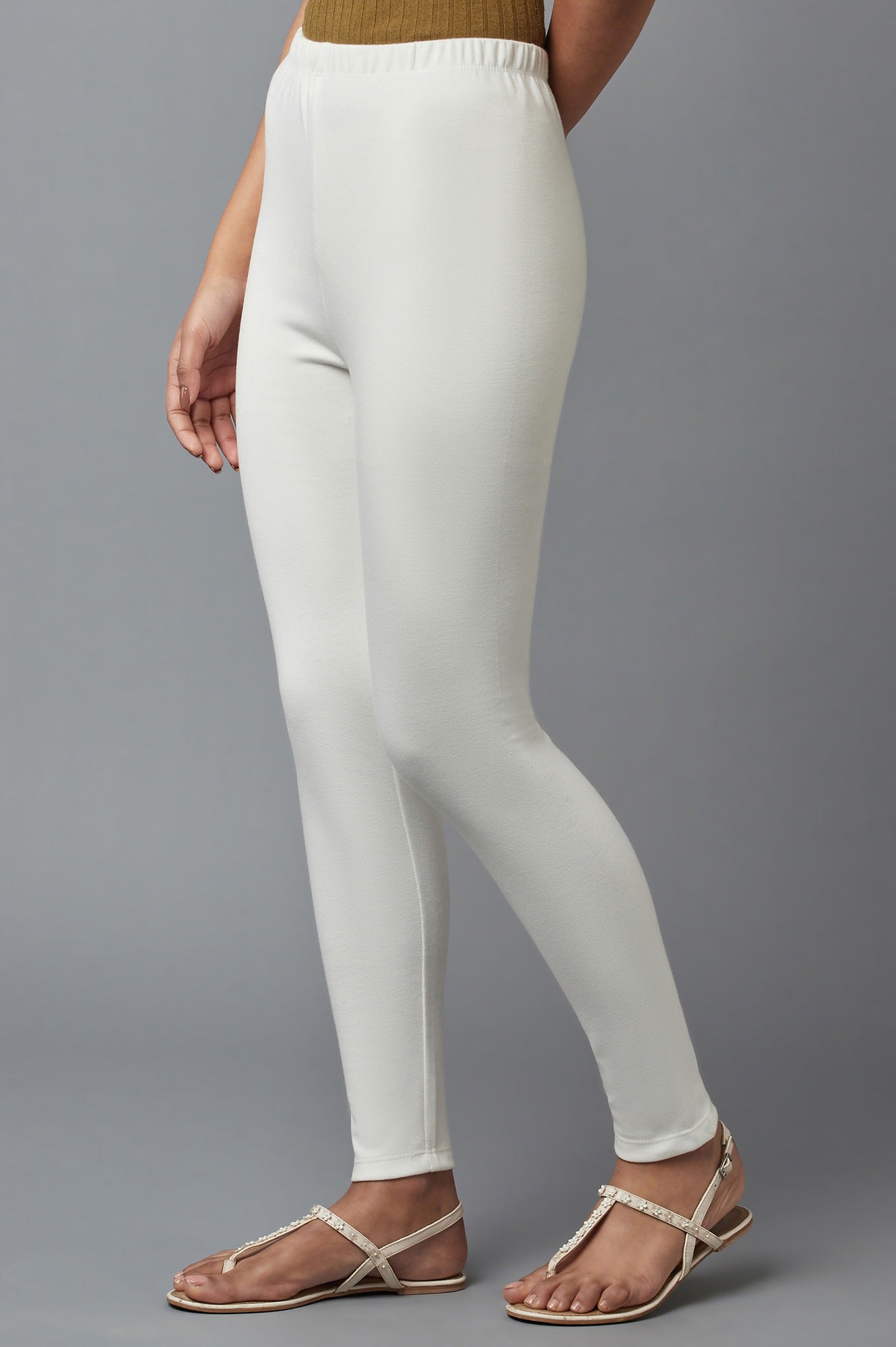 Off White Solid Skinny-fit Cotton Tights with Elasticated Waist