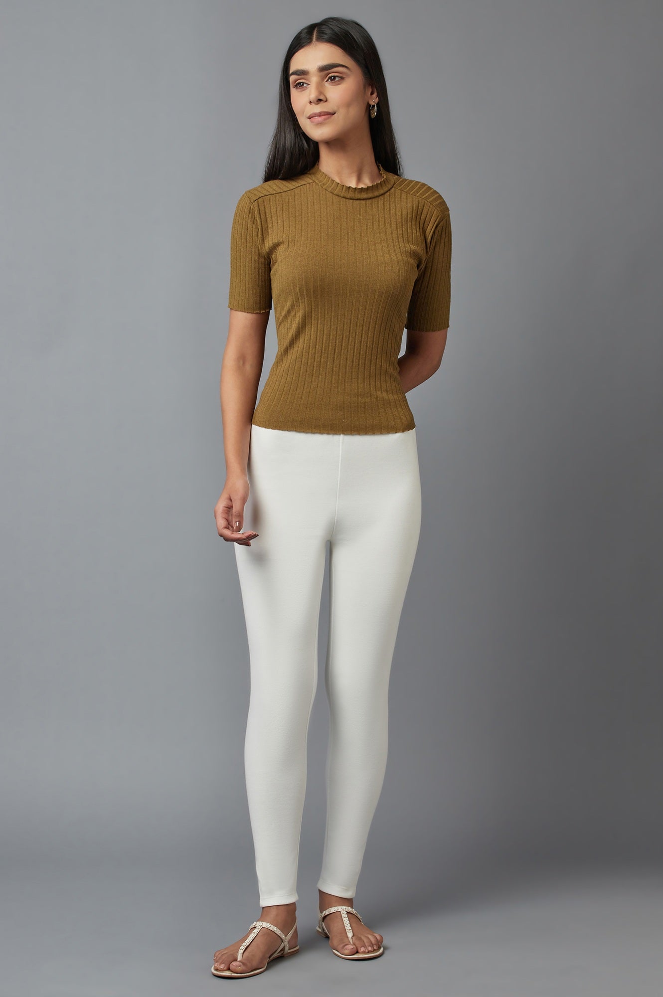 Off White Solid Skinny-fit Cotton Tights with Elasticated Waist