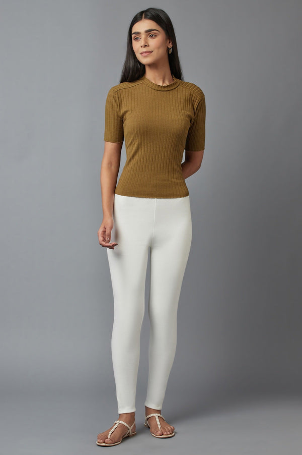 Off White Solid Skinny-fit Cotton Tights with Elasticated Waist
