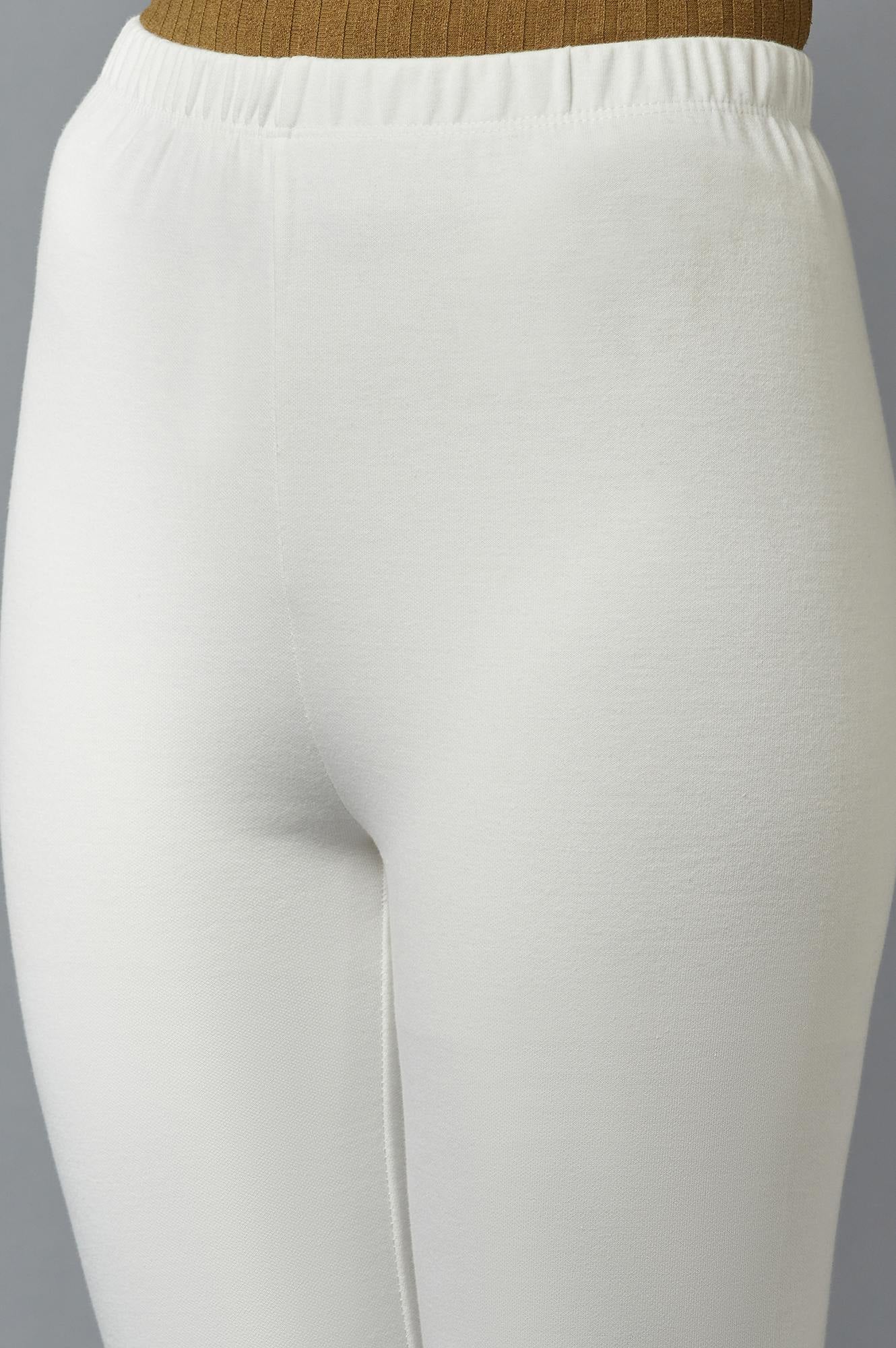 Off White Solid Skinny-fit Cotton Tights with Elasticated Waist