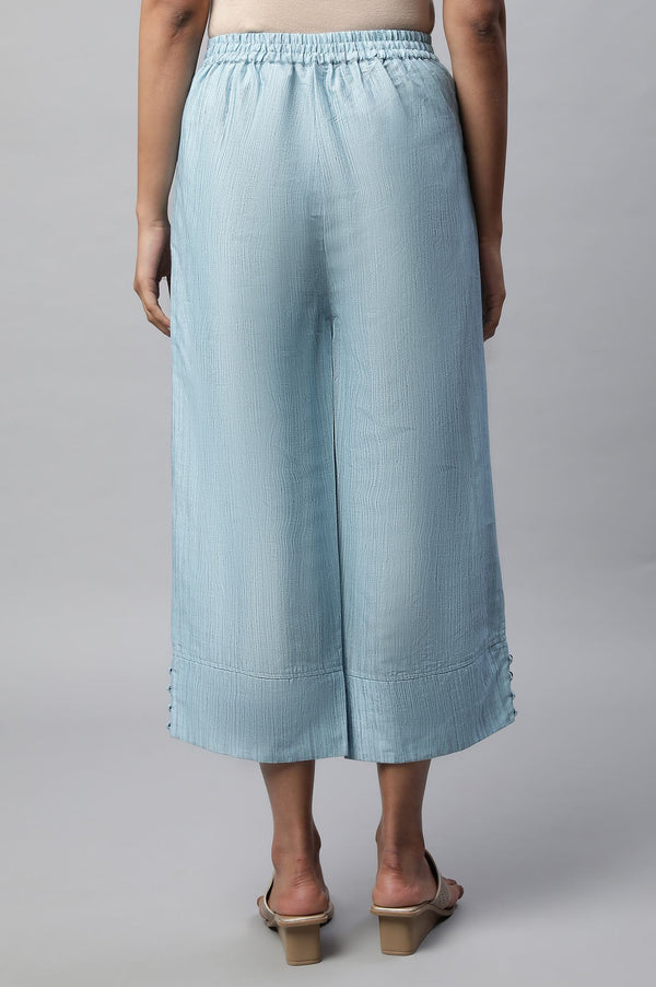 Light Blue Textured Flared Cotton Palazzo With Elasticated Waist