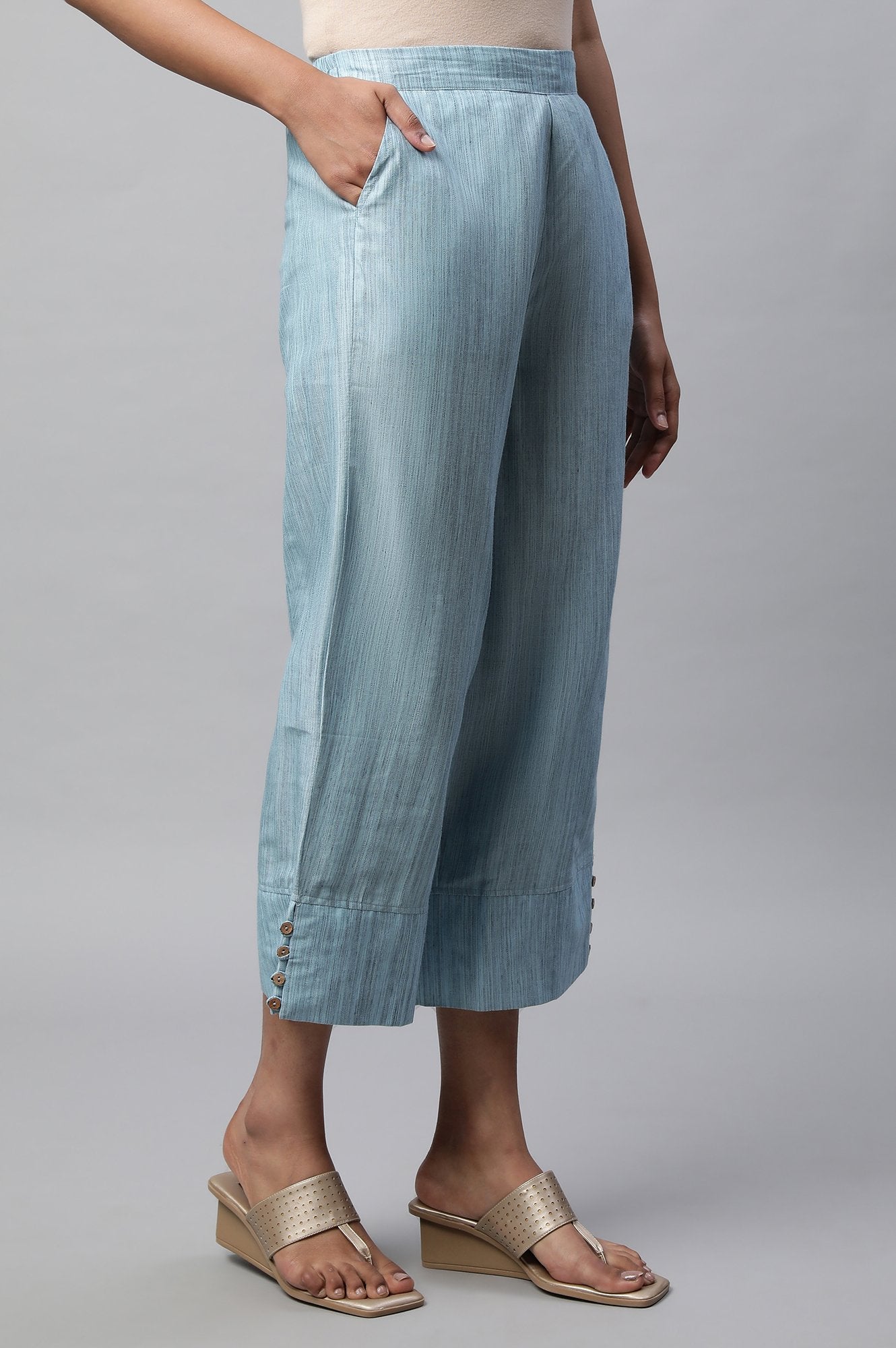 Light Blue Textured Flared Cotton Palazzo With Elasticated Waist