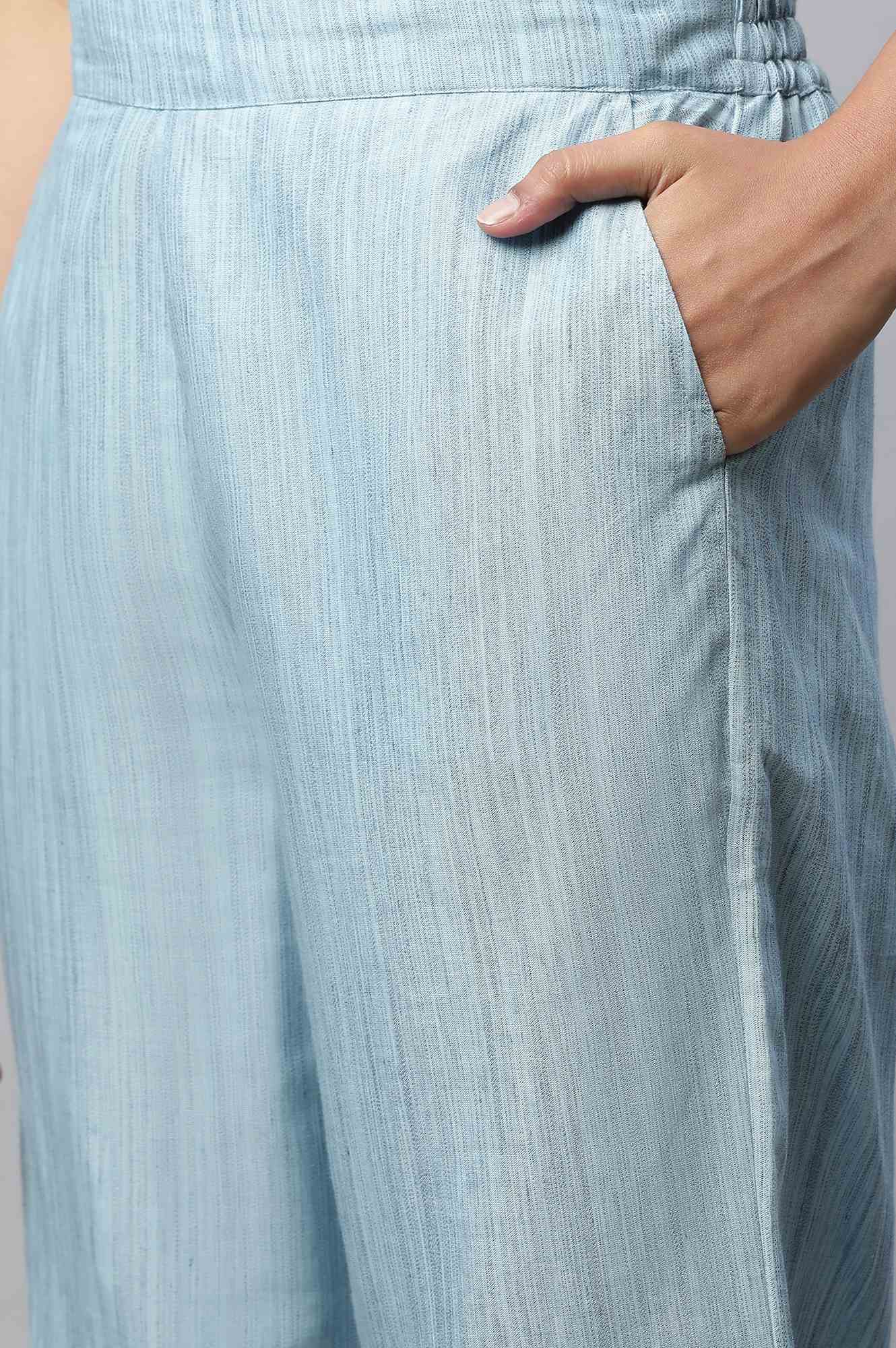 Light Blue Textured Flared Cotton Palazzo With Elasticated Waist
