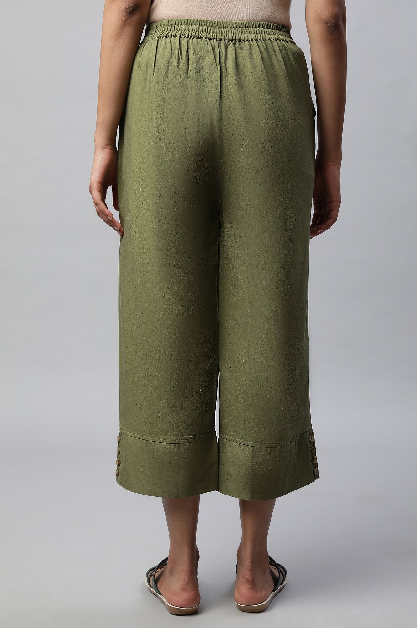Muted Sage Green Textured Flared Cotton Palazzo With Elasticated Waist