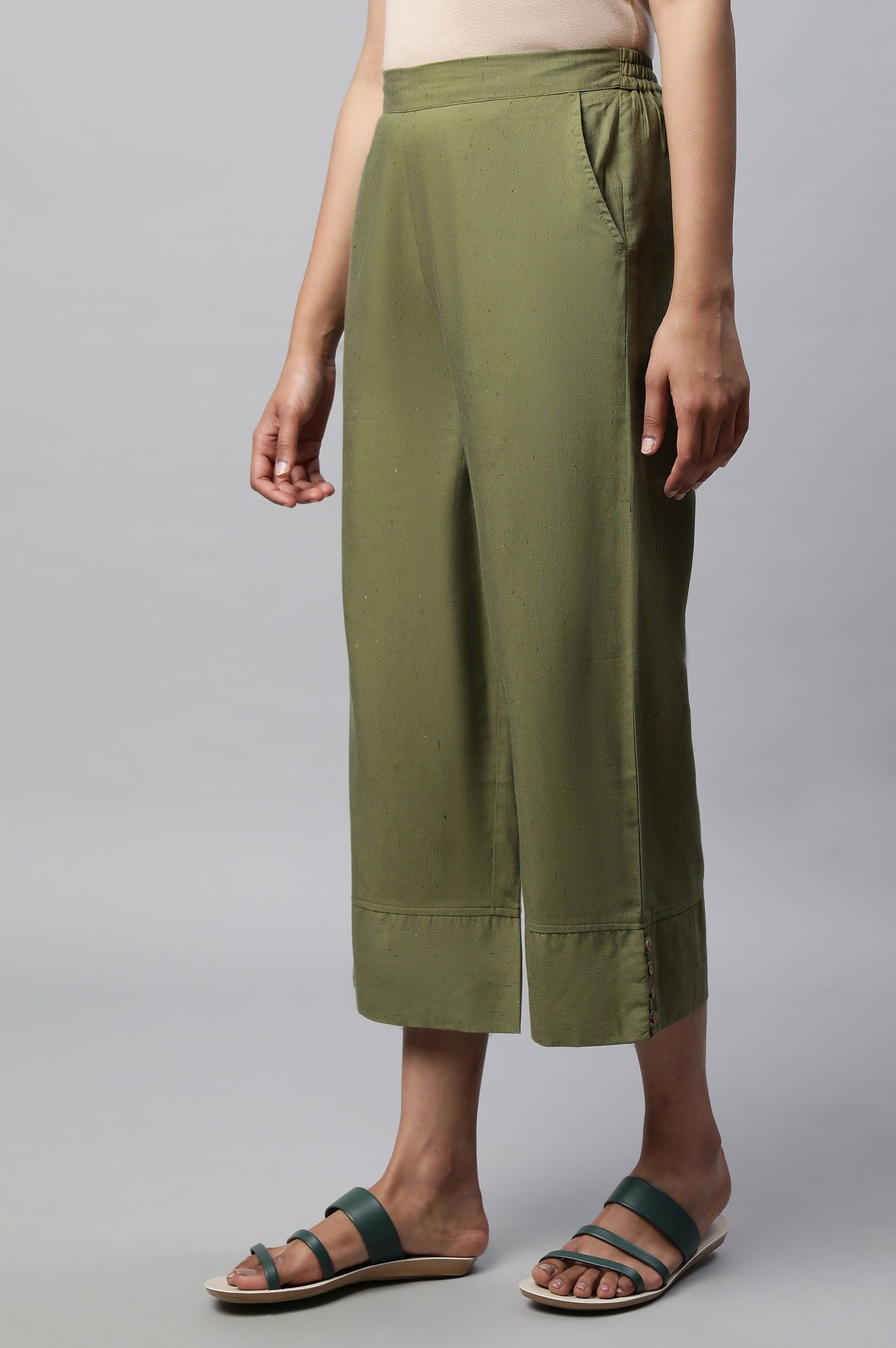 Muted Sage Green Textured Flared Cotton Palazzo With Elasticated Waist