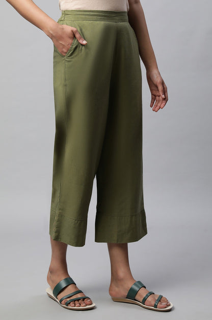 Muted Sage Green Textured Flared Cotton Palazzo With Elasticated Waist