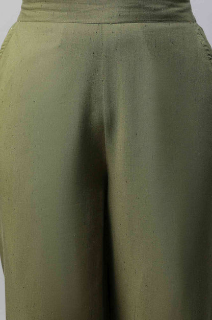 Muted Sage Green Textured Flared Cotton Palazzo With Elasticated Waist