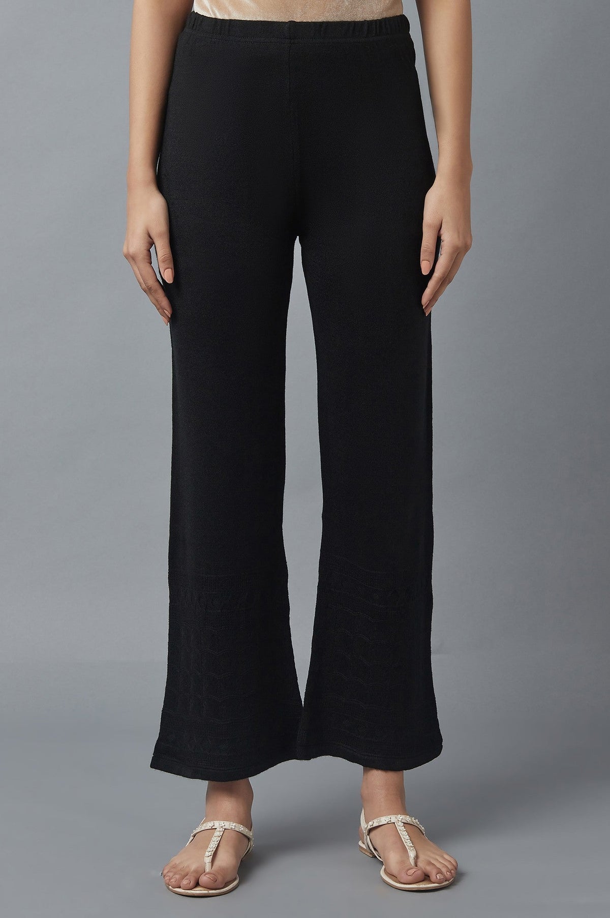Elleven Women's Black Pointelle Flared Acrylic Palazzo With Elasticated Waist - S