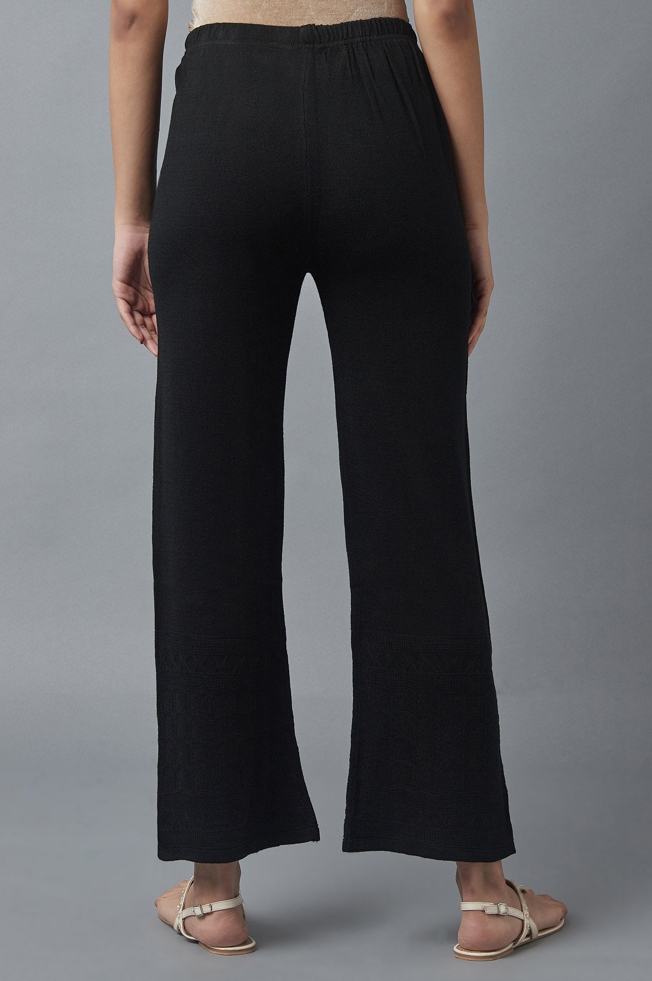 Black Pointelle Flared Acrylic Palazzo With Elasticated Waist