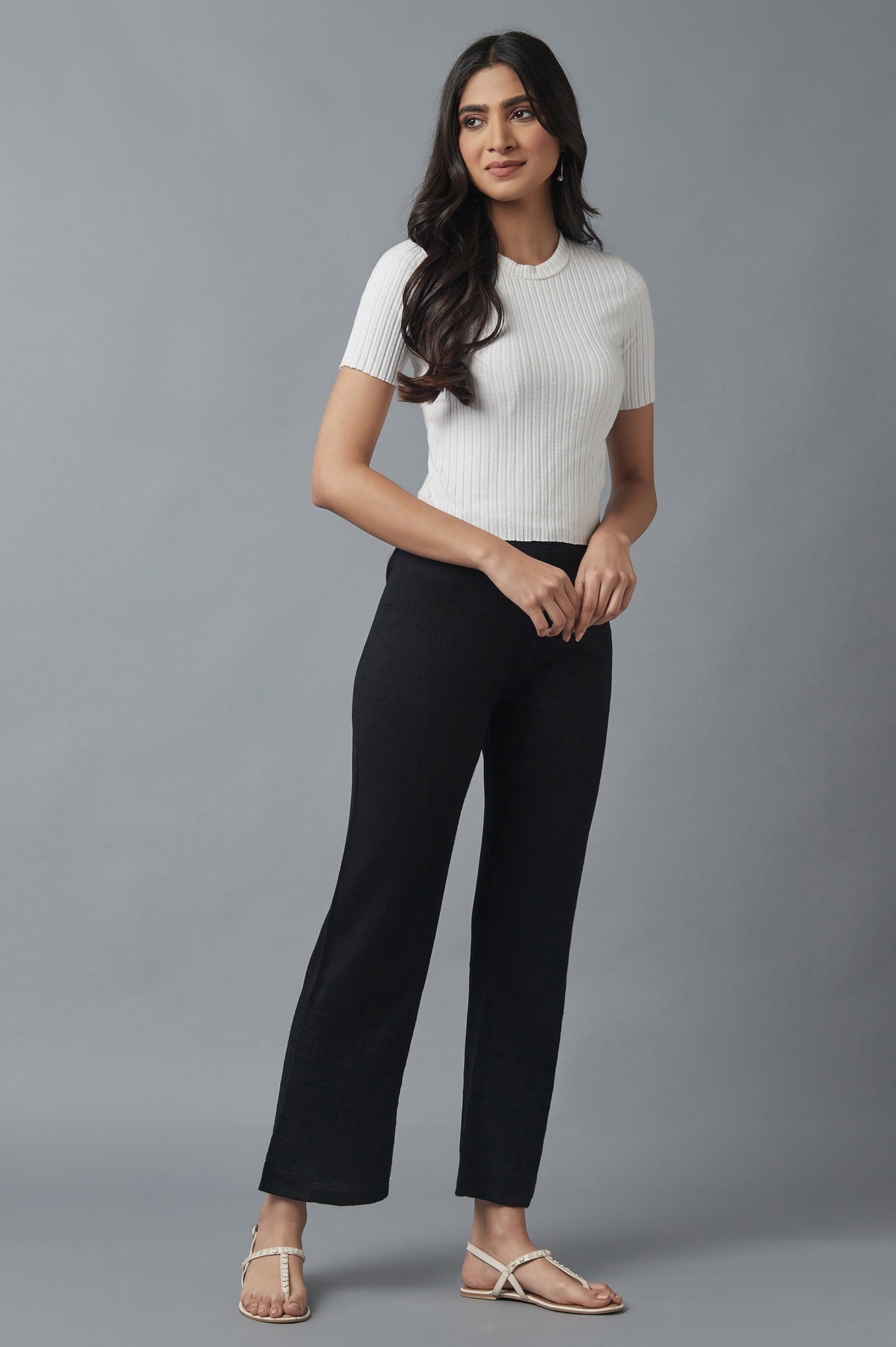 Black Pointelle Flared Acrylic Palazzo With Elasticated Waist