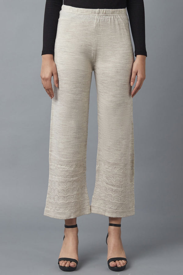 Beige Pointelle Flared Acrylic Palazzo With Elasticated Waist