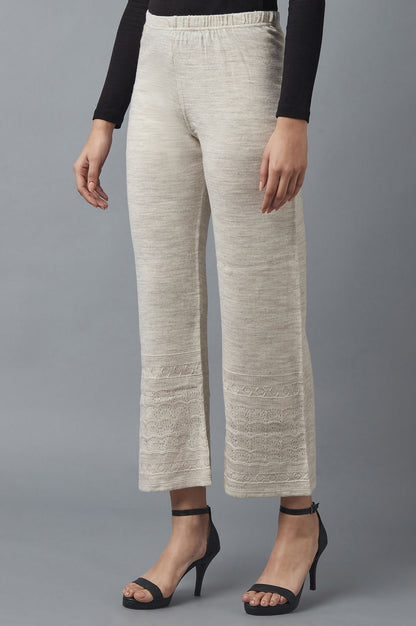 Beige Pointelle Flared Acrylic Palazzo With Elasticated Waist