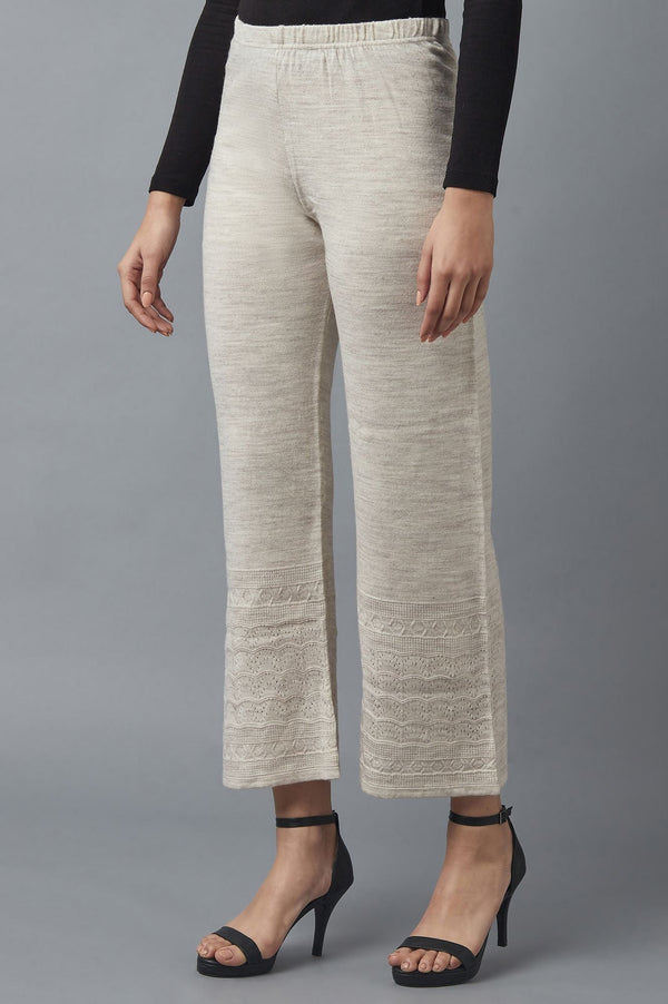 Beige Pointelle Flared Acrylic Palazzo With Elasticated Waist