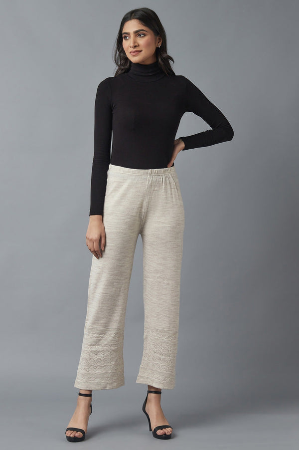 Beige Pointelle Flared Acrylic Palazzo With Elasticated Waist