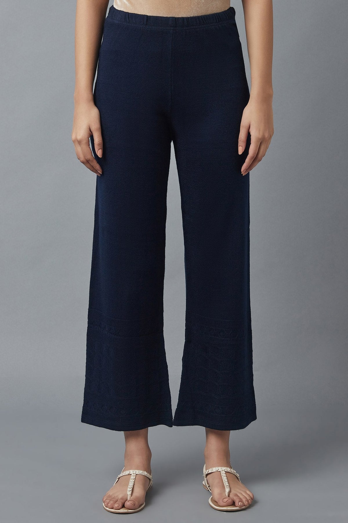 Elleven Women's Navy Blue Pointelle Flared Palazzo With Elasticated Waist - S