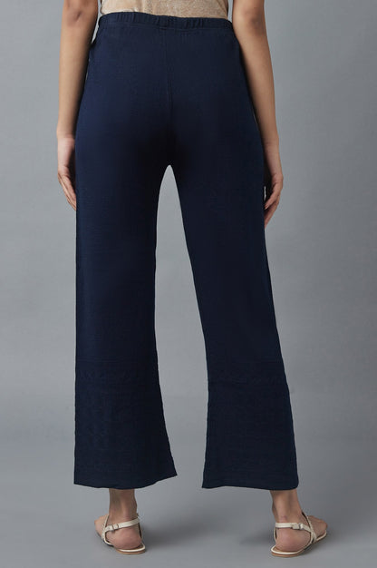 Navy Blue Pointelle Flared Palazzo With Elasticated Waist