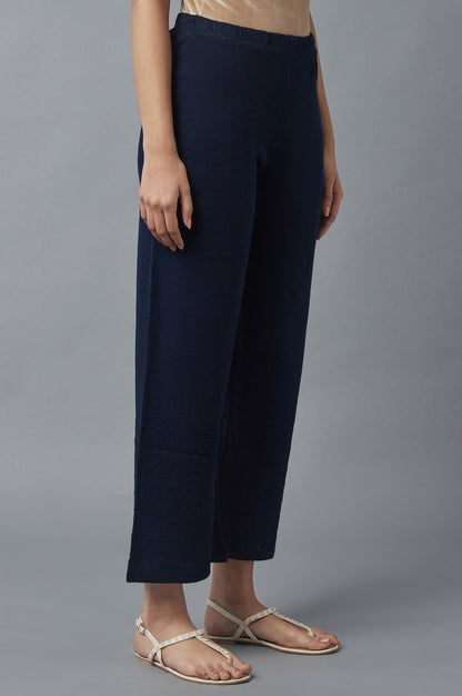 Navy Blue Pointelle Flared Palazzo With Elasticated Waist