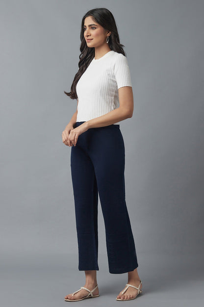 Navy Blue Pointelle Flared Palazzo With Elasticated Waist