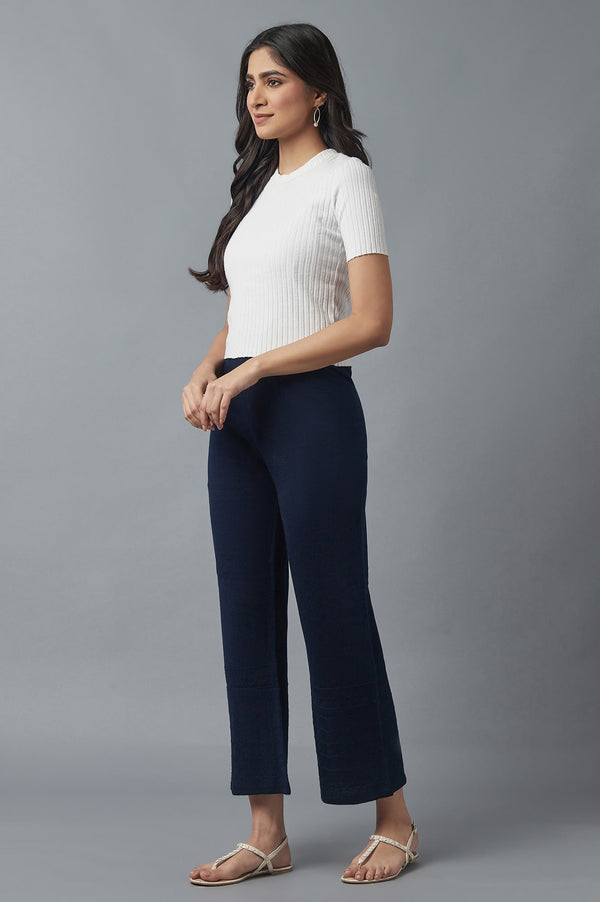 Navy Blue Pointelle Flared Palazzo With Elasticated Waist