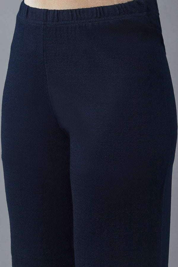 Navy Blue Pointelle Flared Palazzo With Elasticated Waist