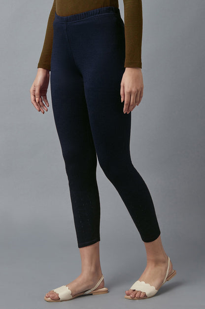 Navy Blue Pointelle Skinny Fit Tights With Elasticated Waist