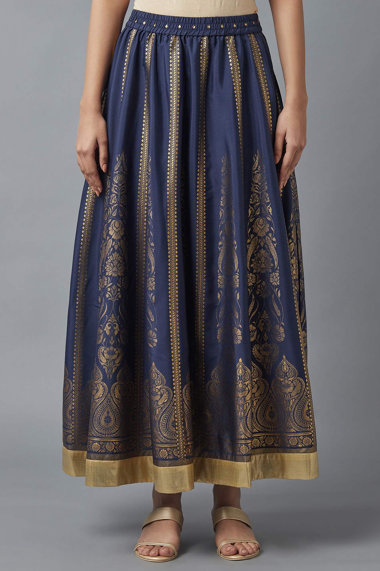 Navy Blue Printed Flared Skirt with Elasticated Waist