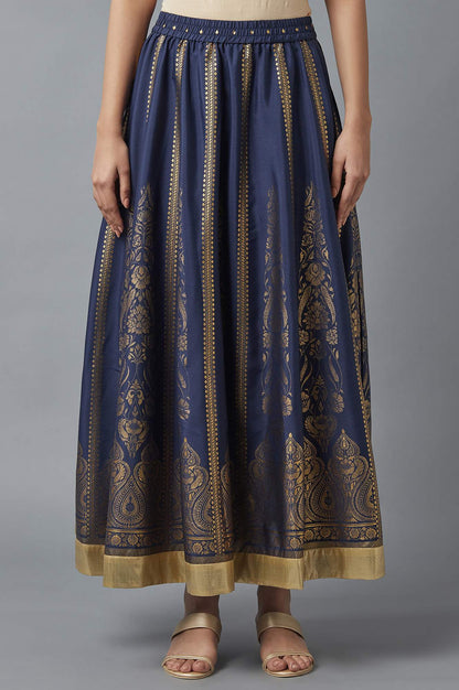 Navy Blue Printed Flared Skirt with Elasticated Waist