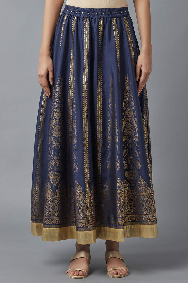 Navy Blue Printed Flared Skirt with Elasticated Waist