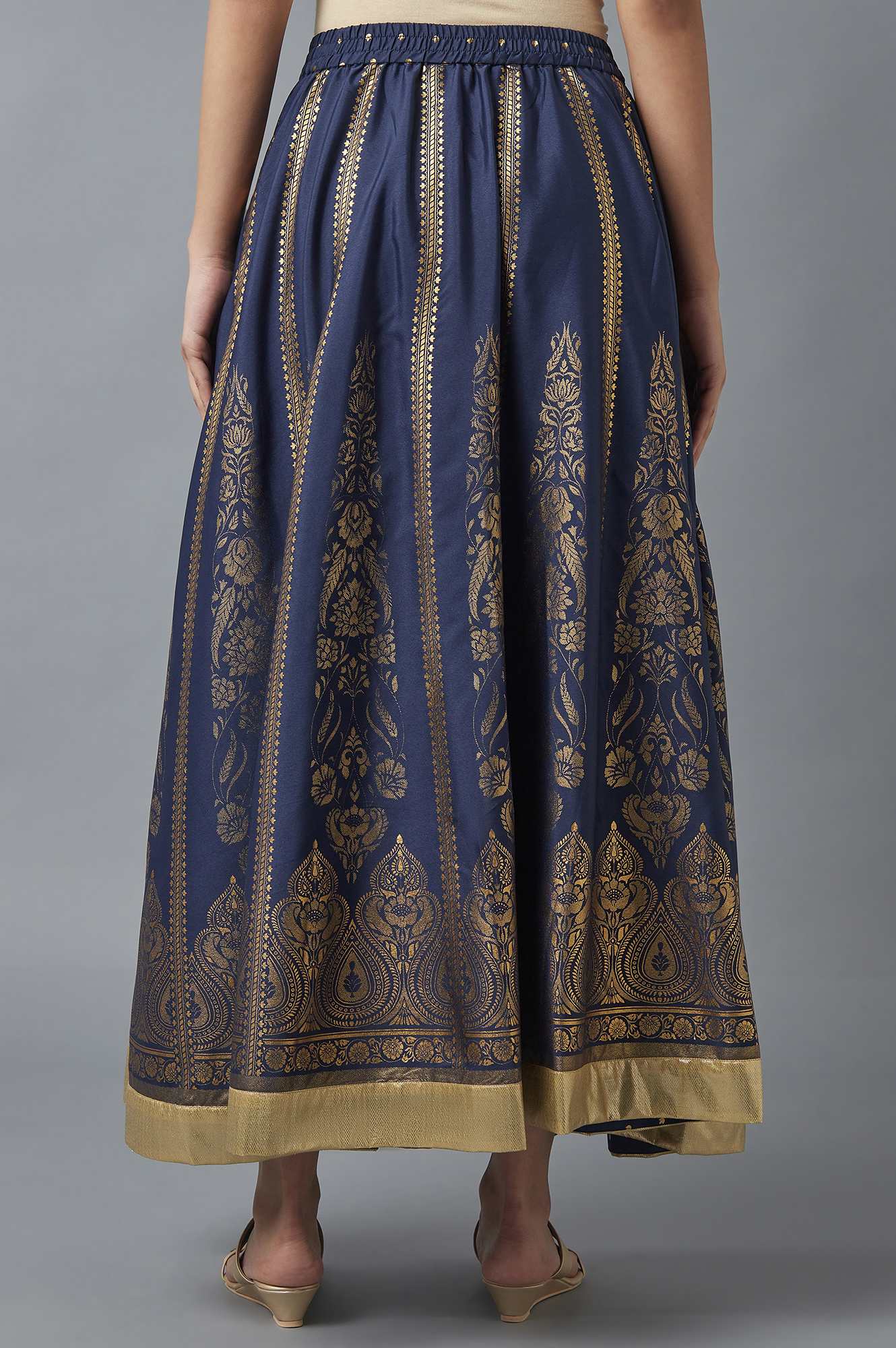 Navy Blue Printed Flared Skirt with Elasticated Waist