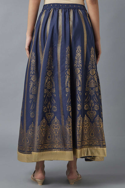 Navy Blue Printed Flared Skirt with Elasticated Waist