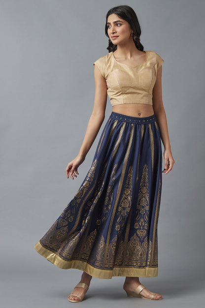 Navy Blue Printed Flared Skirt with Elasticated Waist