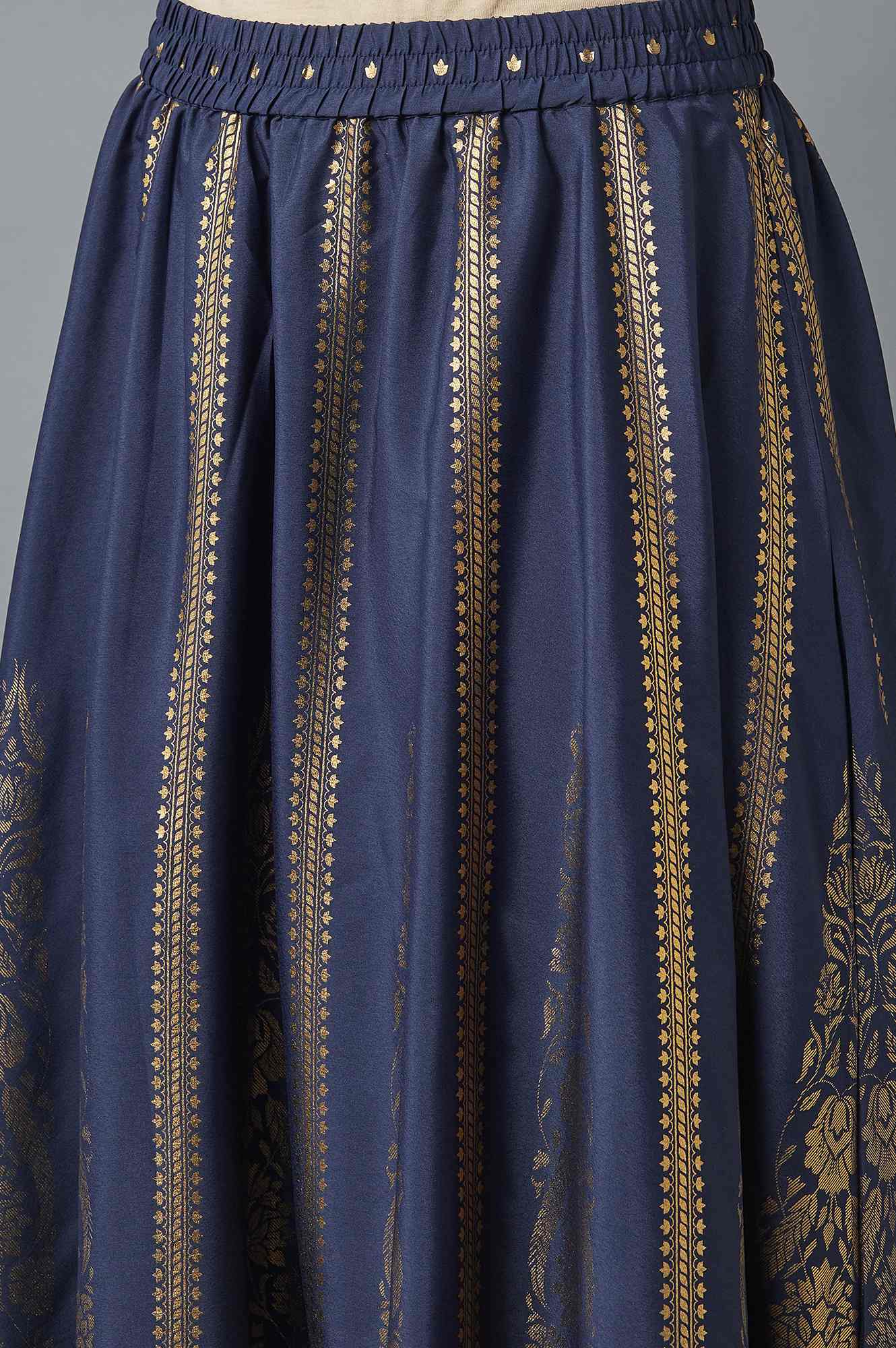 Navy Blue Printed Flared Skirt with Elasticated Waist
