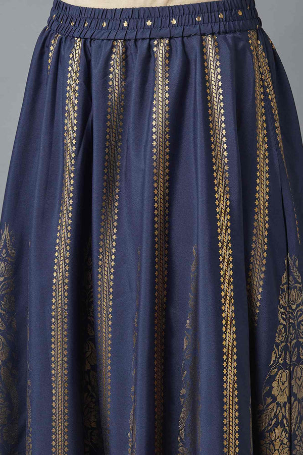Navy Blue Printed Flared Skirt with Elasticated Waist