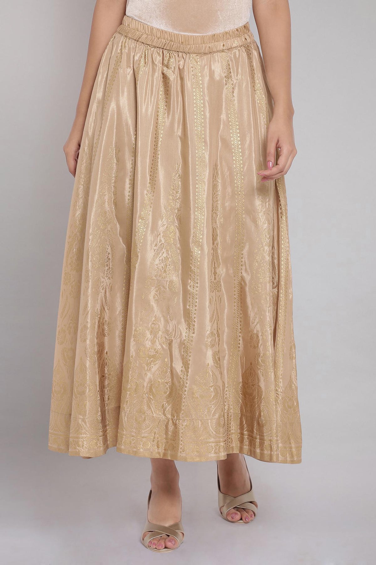 Elleven Women's Gold Floral Printed Flared Silk Skirt With Elasticated Waist - S