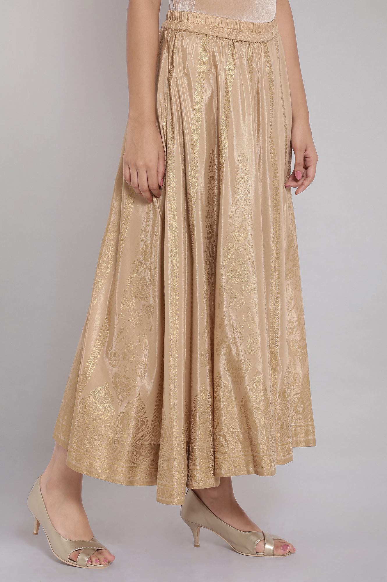 Gold Floral Printed Flared Silk Skirt With Elasticated Waist