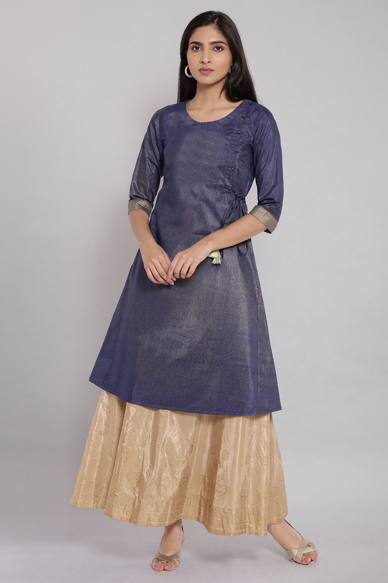 Gold Printed Flared Woven Skirt with Elasticated Waist