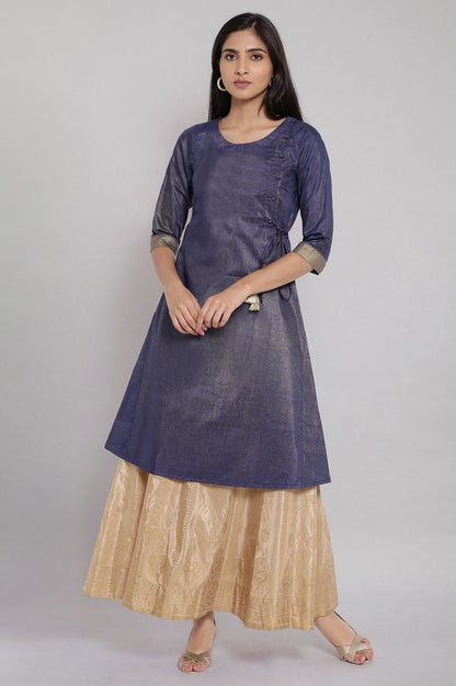 Gold Floral Printed Flared Silk Skirt With Elasticated Waist