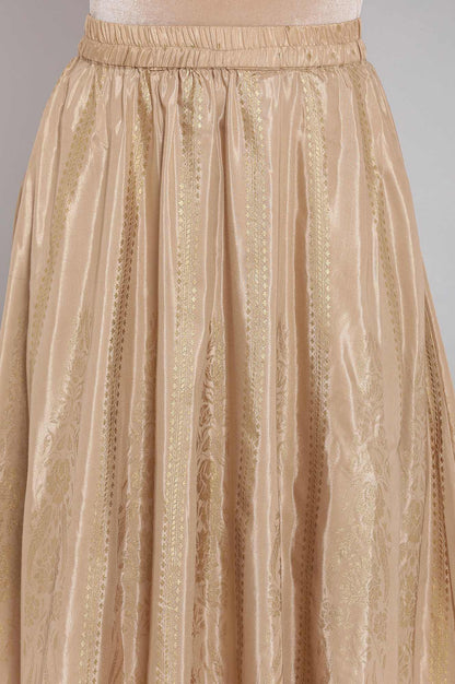 Gold Floral Printed Flared Silk Skirt With Elasticated Waist